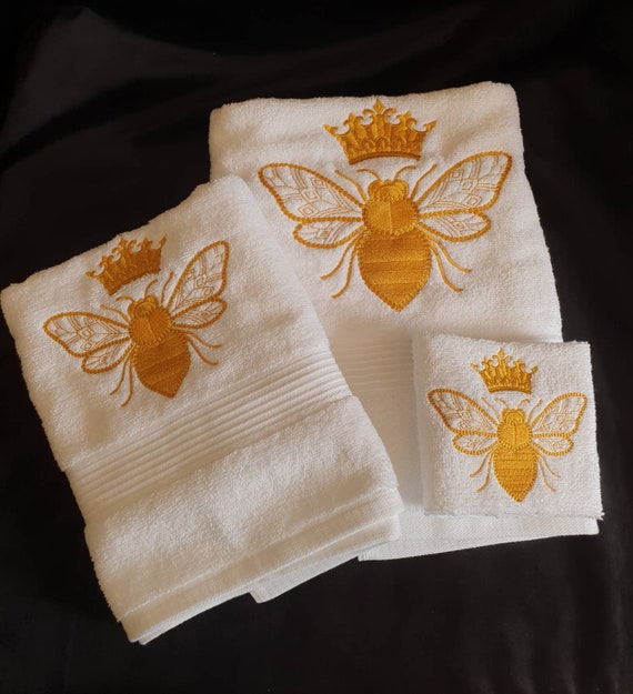 Queen Bee Embroidered towels , Queen Bee Towel , Bathroom Decor , Embroidered Towel , Embroidered Bee ,