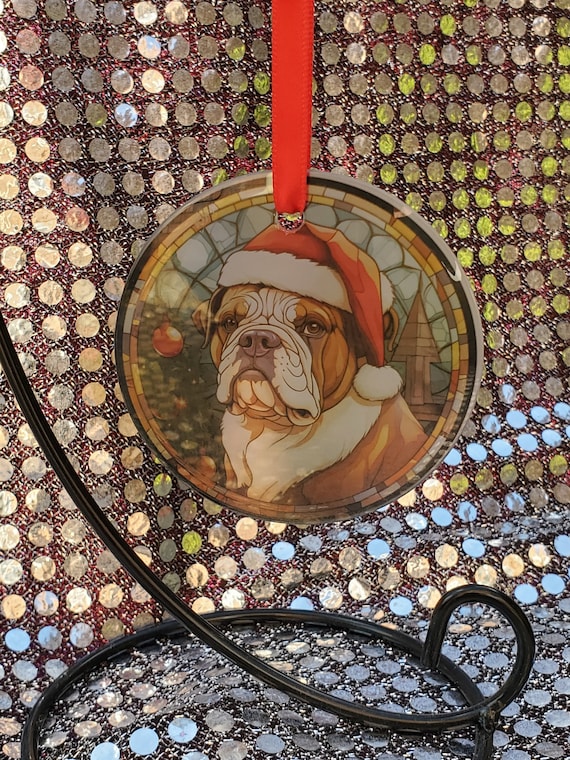 Bulldog Christmas Ornament: Printed Stained Glass Suncatcher