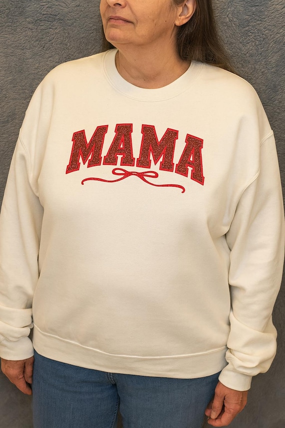 Embroidered Mama Sweatshirt – Crewneck with Red Glitter, Mother's Day Gift