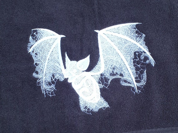 Bat embroidery , hand towel, gothic, halloween embroidered, bathroom decor ,goth bathroom , gothic home decor .