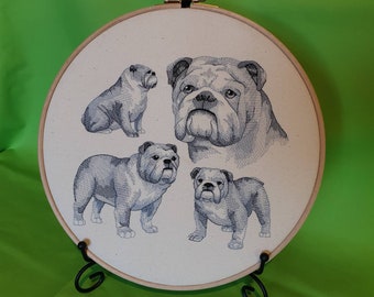 Bulldog hoop art ,  Bulldog wall hanging  ,  embroidered Bulldog sketch , decoration gift , Bulldog gift