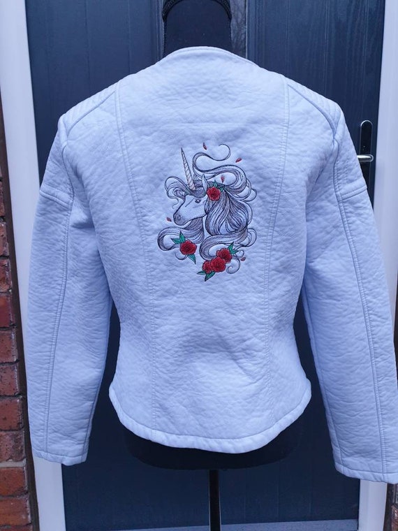 Up-Cycled ladies faux leather  jacket , Embroidered unicorn  jacket,  embroidered custom jacket , biker style jacket,