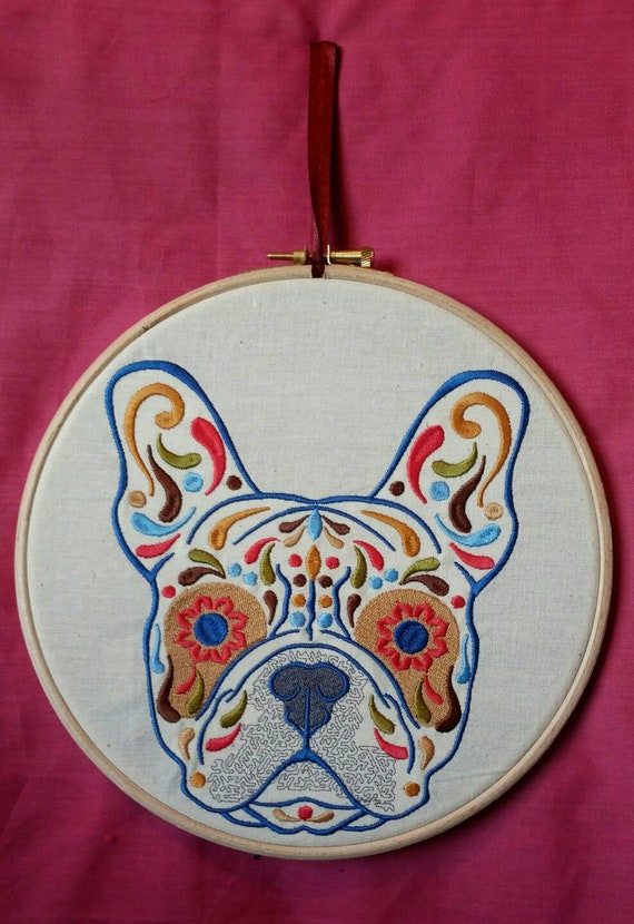 Day of the dead ,  French Bulldog hoop art ,  embroidered Frenchie ,