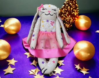 Personalised Embroidered Rabbit, Toy Rabbit , Handmade Doll, Stuffed Toy Rabbit , Linen Cloth Doll, Bunny Doll , Embroidered Rabbit,