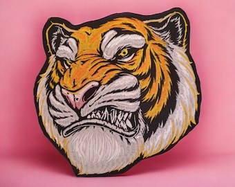 Large Tiger Head Patch: Embroidered Iron On Applique