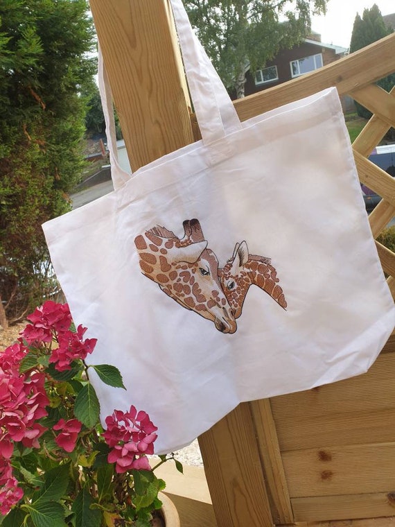 Giraffe tote bag ,Organic cotton tote, Embroidered tote bag . Embroidered shopping bag .Embroidered Giraffe bag , Mother and baby Giraffe