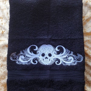 Skull embroidery , hand towel, gothic, halloween embroidered, bathroom decor ,goth bathroom , gothic home decor .