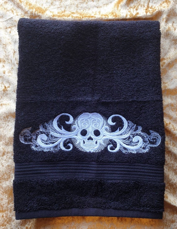 Skull embroidery , hand towel, gothic, halloween embroidered, bathroom decor ,goth bathroom , gothic home decor .