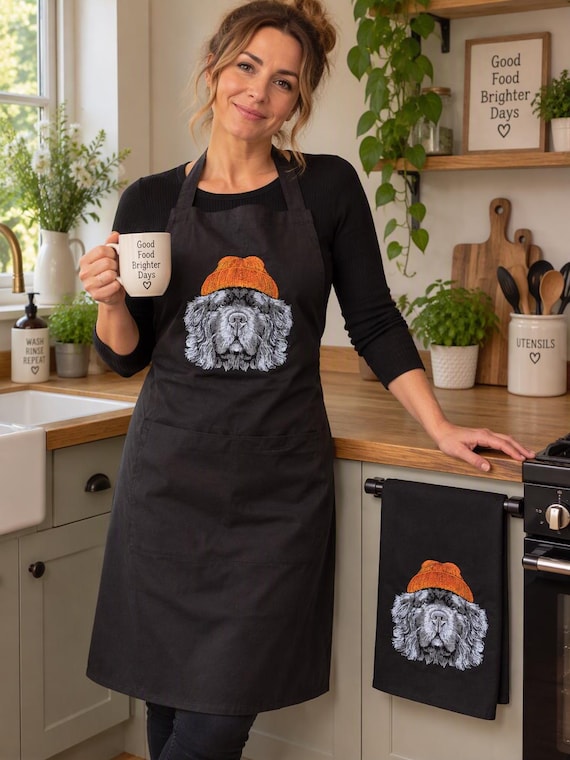 Newfoundland Dog Apron & Tea Towel Set, Black Kitchen Gift for Dog Lovers