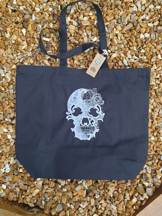 Skull Organic cotton tote, Embroidered tote bag . Embroidered shopping bag .gothic tote bag . Skull tote bag, Gothic bag