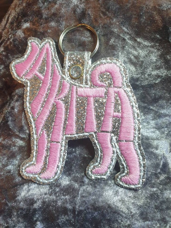 Akita embroidered keyring, key fob ,key chain, embroidered keyring, Akita Key fob , Akita Glitter