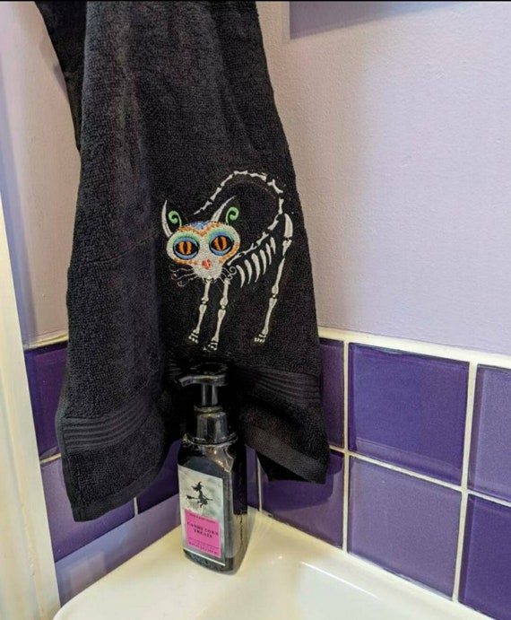 Embroidered novelty Day of the dead Cat towel . Halloween Gift Cat Towel ,Embroidered towel ,personalised,gothic, alternative gift