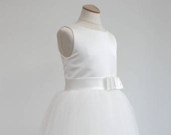 Custom Made to Order Ivory Satin and Tulle Flowergirl Dress with Large Tiffany Bow and Sash