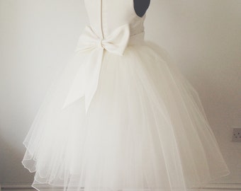 Custom Ivory Satin and Tulle Flowergirl Dress with Sash and Bow Made to Order