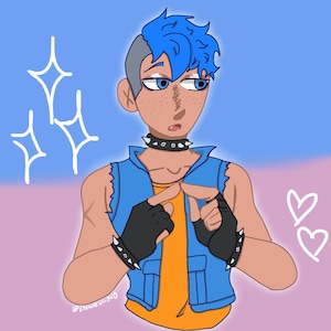 May include: Digital illustration of a person with blue hair and freckles, wearing a blue vest over an orange shirt, black gloves, and a studded choker. The background is a gradient of blue and pink, with white sparkle and heart graphics.