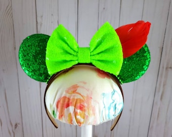 On Sale! Peter Pan Minnie Mouse Ears Headband with Green Sequin Bow and Red Feather