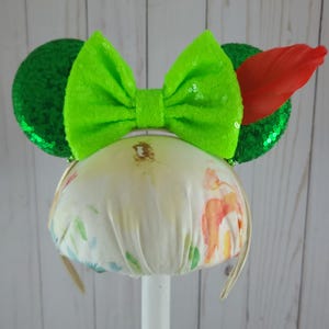 CLEARANCE Peter Pan Minnie Mouse Ears Headband with Green Sequin Bow and Red Feather