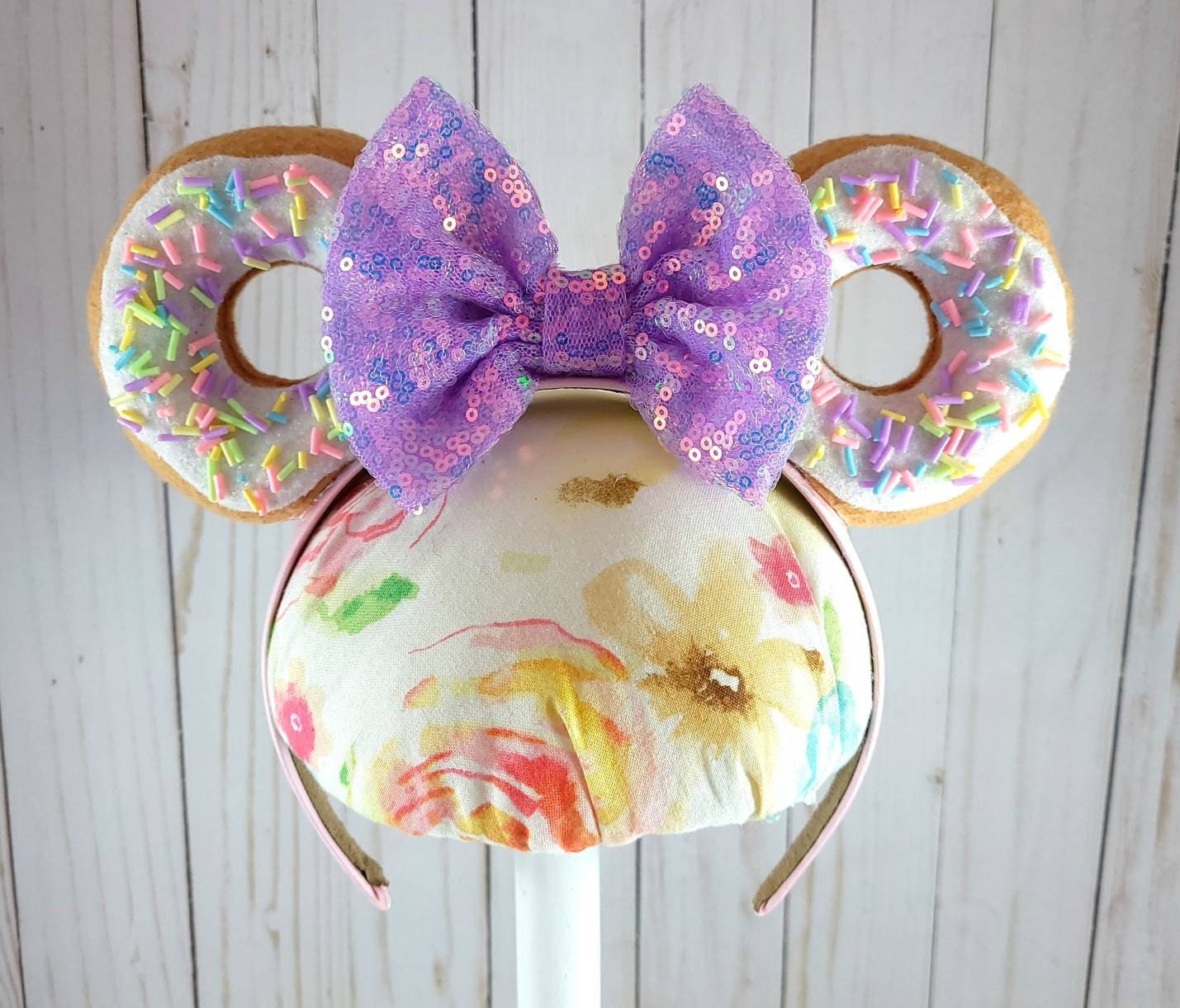 Minnie Mouse Donut Ears Headband With Purple Sequin Bow - Etsy display picture 1