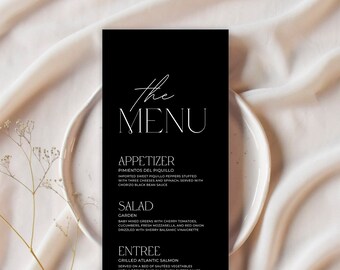 Black Minimalist Menu Template - Editable Wedding Menu - Printable Modern Wedding Dinner Menu Card - Reception Dinner Menu - Canva - DIY