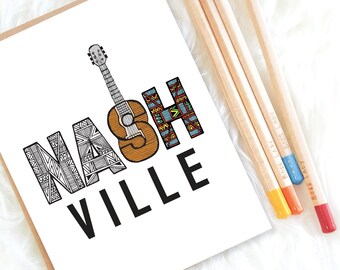 Coloring Page Download - Printable Art Download - Nashville Art Print - PDF Instant Download - Guitar Wall Art - Tribal Art - Drawing