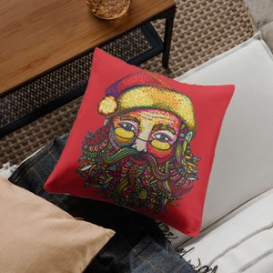 Almohada navideña de algodón de doble cara - Decoración navideña - Decoración del hogar - Papá Noel - Dibujo - Almohada roja - Almohada negra - Papá Noel colorido