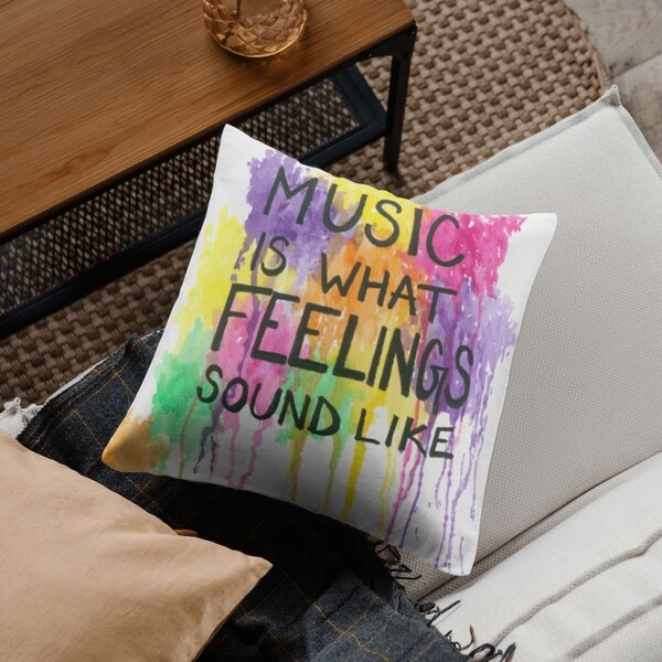 Decorative Cotton Pillow - Watercolor Painting - Drawing - Typography - Quote - Music Is What Feelings Sound Like - Colorful Pillow - Purple