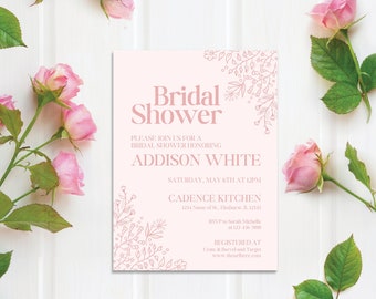 Pink Bridal Invitation - Floral Bridal Shower - Elegant Bridal Shower Invitation Template - Minimal Bridal Shower Invitation - Modern Invite