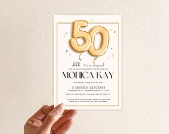 Bearbeitbare Einladung zur 50. Geburtstagsparty - Goldballons Geburtstagseinladung - Überraschungsparty - Meilenstein Geburtstag - Canva Template - DIY