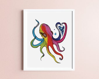 Printable Art Download - Animal Art Print - PDF Printable Art - Instant Download - Rainbow Octopus - Drawing - Octopus Wall Art - Markers