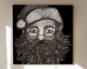 Christmas Canvas Art - Christmas Decor - Home Decor - Santa Claus - Tribal Art - Drawing - Markers - Black and White