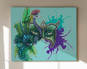 Peacock Canvas Art - Bird Wall Art - Home Decor - Masquerade Mask - Tribal Art - Drawing - Colored Pencils - Watercolor
