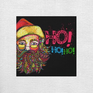 May include: A colorful illustration of Santa Claus with a detailed beard and the words "Ho! Ho! Ho!" in pink, blue, and green.