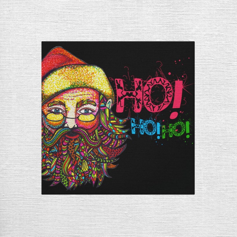 May include: A colorful illustration of Santa Claus with a detailed beard and the words "Ho! Ho! Ho!" in pink, blue, and green.