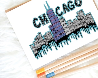 Coloring Page Download - Printable Art Download - Chicago Art Print - PDF Instant Download - Chicago Skyline Wall Art - Tribal Art - Drawing