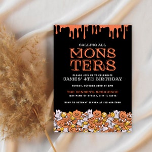Editable Calling All Monsters Birthday Party Invitation - Personalized Halloween Theme 4th Birthday Party Invite - Canva Template - DIY