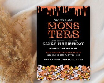 May include: A black and orange Halloween party invitation with dripping orange paint at the top. The invitation reads "Calling all Monsters" in orange letters with a black outline. The text "Please join us to celebrate James' 4th Birthday" is in white letters with a black outline. The invitation also includes the date, time, and location of the party. The bottom of the invitation is decorated with a pattern of ghosts, pumpkins, candy corn, and candy canes.