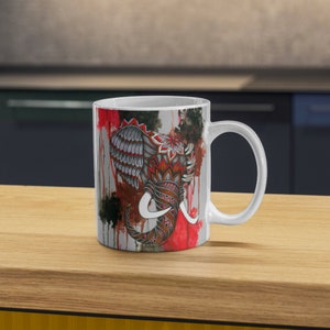 Elephant Coffee Mug - 11oz. Mug - Animal Coffee Mug - Royal Elephant Coffee Cup - Tribal Art - Drawing - Markers - Watercolor Painting - Red