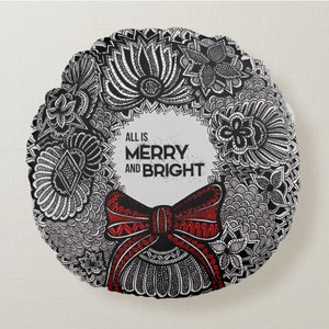 Almohada navideña de algodón de doble cara - Decoración navideña - Decoración del hogar - Corona navideña - Cita - Feliz y brillante - Almohada circular - Dibujo