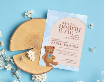 Editable Blue Bear Baby Shower Invitation - We Can Bearly Wait - Boy Teddy Bear Baby Shower Invitation Template - Instant Download - Canva
