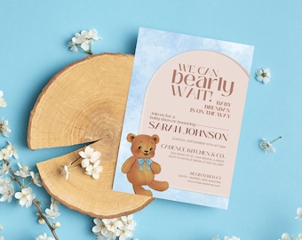 Editable Blue Bear Baby Shower Invitation - We Can Bearly Wait - Boy Teddy Bear Baby Shower Invitation Template - Instant Download - Canva