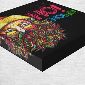 May include: A colorful, psychedelic illustration of a Santa Claus with the words "Ho Ho Ho!" in a rainbow font.