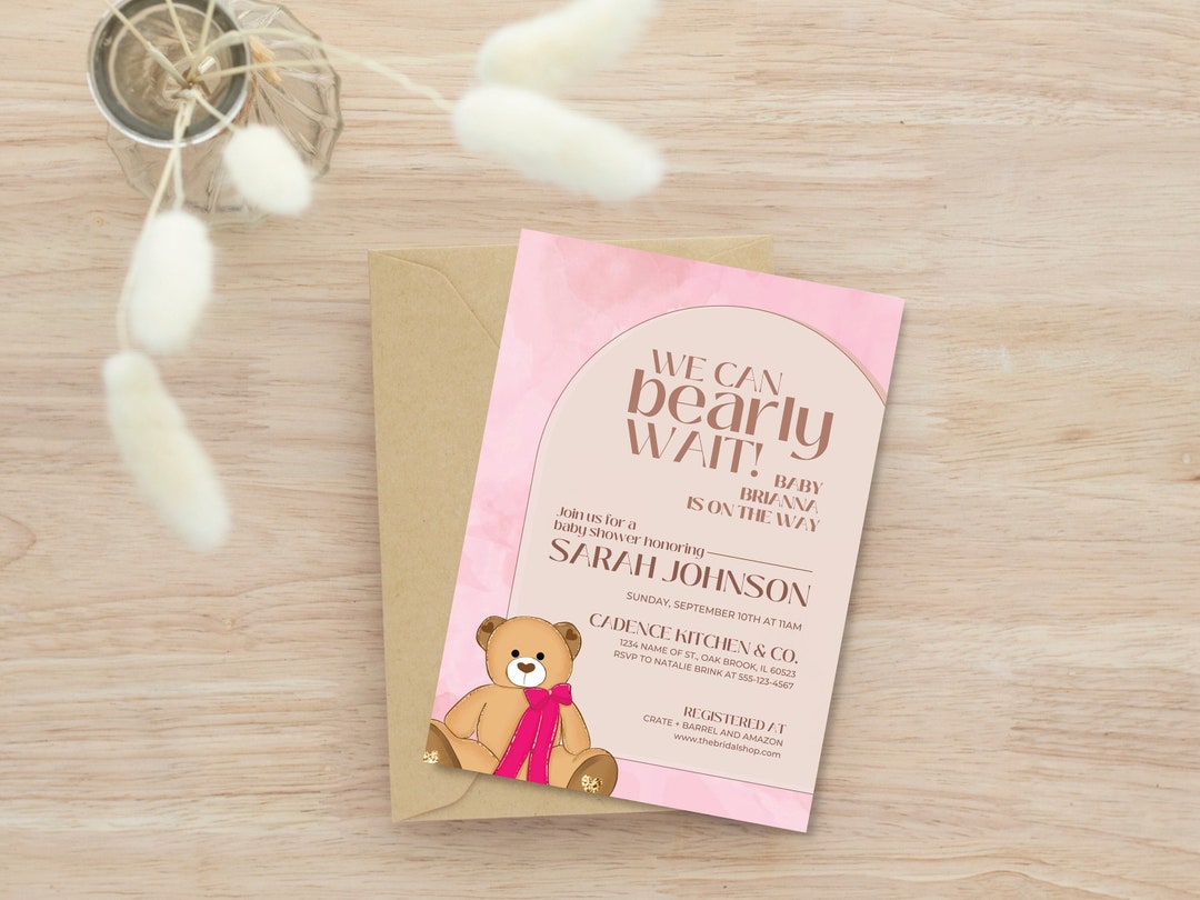 Editable Pink Bear Baby Shower Invitation - We Can Bearly Wait - Girl ...