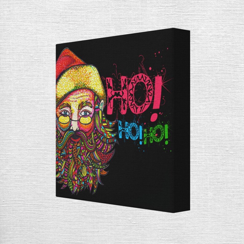 May include: A colorful illustration of Santa Claus with a psychedelic beard and the words "Ho! Ho! Ho!" in pink, blue, and green.
