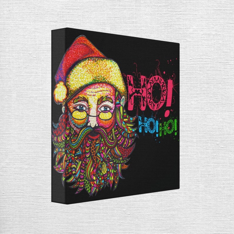 May include: A colorful illustration of Santa Claus with a psychedelic beard and the words "Ho! Ho! Ho!" in a rainbow of colors.