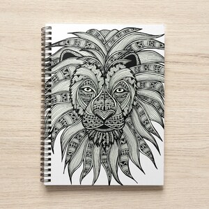Lion Notebook - Animal Notebook - 80 Page Spiral Notebook - Spiral Journal - Caesar - Tribal Art - Drawing - Black and White - Pen and Ink