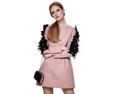 Dusty Pink Mini Denim Ruffle and Feather Dress, Long Sleeve Party Dress, Mini Denim Dress, Sexy Mod Mini Dress Dress For Women Tall Clothing