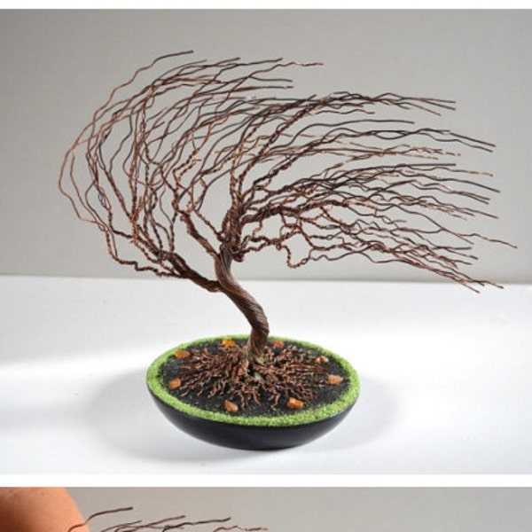 bonsai Art оbjects handmade sculpture bonsai tree made of copper wires with amber and moss Christmas present handmade gifts