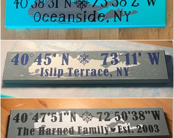 Long Island Coordinates, Nautical Latitude Longitude, wood rustic sign New York, anchor