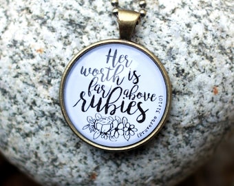 Her Worth Is Far Above Rubies Provebs 31:10 Necklace Gift Christian Jewelry Gift Scripture Pendant