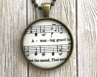 Amazing Grace Hymn Necklace Hymn Pendant Bible Verse Christian Jewelry Gift Music Notes